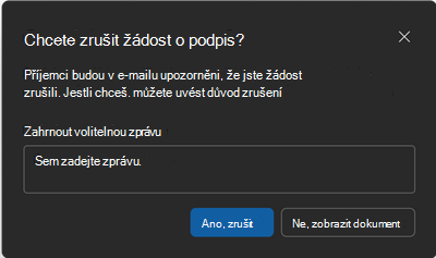 Snímek obrazovky s potvrzovací obrazovkou Zrušit žádost o podpis