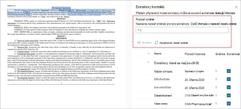Snímek obrazovky panelu Extraktory s možností Rozsah stránek