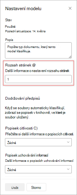 Snímek obrazovky s panelem Nastavení modelu s možností Rozsah stránek