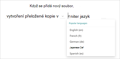 Snímek obrazovky se stránkou s příkazem pravidla zobrazující možnost Zadat jazyk