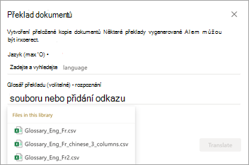 Snímek obrazovky s obrazovkou Překlad dokumentů s možnostmi glosáře překladu