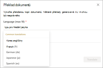 Snímek obrazovky s překladem dokumentů s možnostmi jazyka