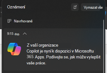 Snímek obrazovky znázorňující automaticky otevírané oznámení pro Copilot