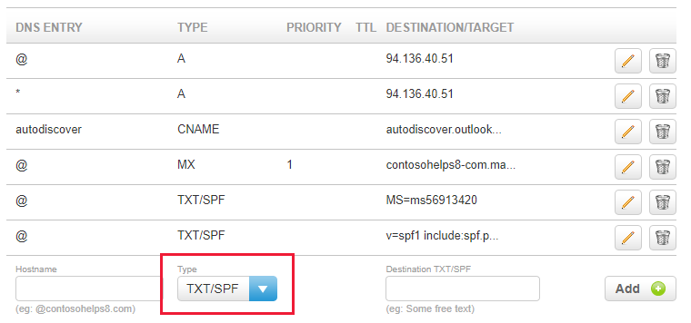 V rozevíracím seznamu vyberte typ TXT/SPF a vyplňte hodnoty.