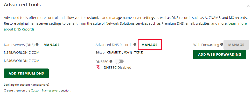 Vedle možnosti Upřesnit záznamy DNS vyberte SPRAVOVAT.