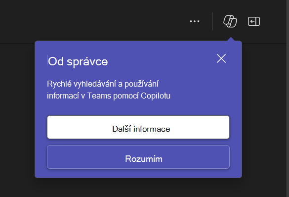 Snímek obrazovky zobrazující automaticky otevírané okno oznámení v Teams od správce pro použití Copilotu