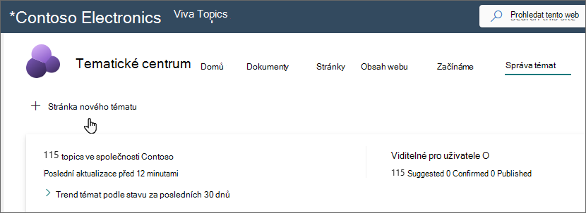 Snímek obrazovky se stránkou Spravovat témata s vybranou stránkou Nové téma