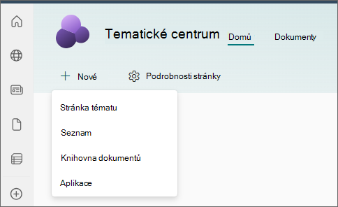 Snímek obrazovky domovské stránky centra témat s vybranou možností Stránka tématu v nabídce Nový