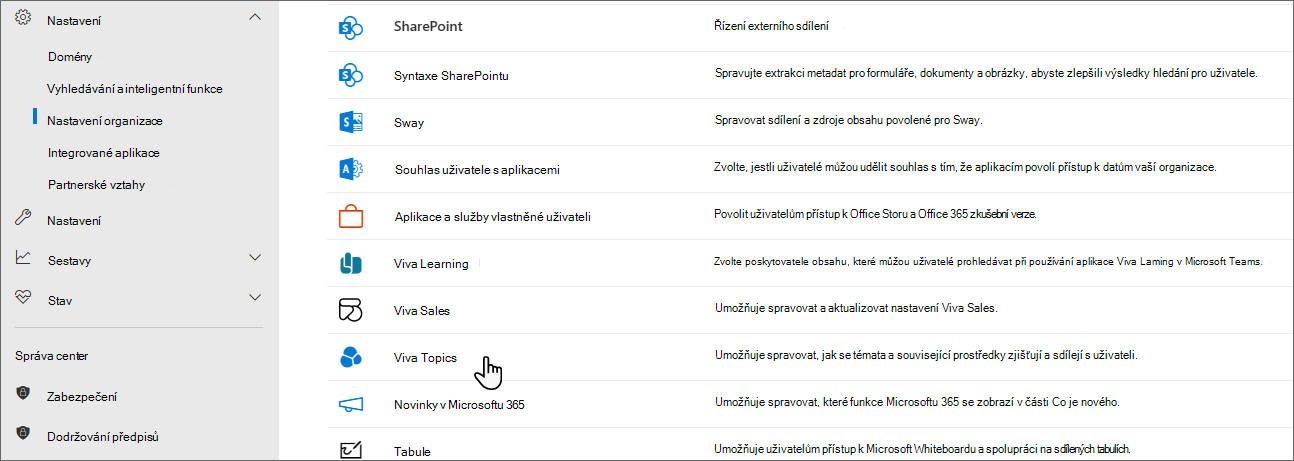 Snímek obrazovky s kartou Služby s vybranou možností Topics