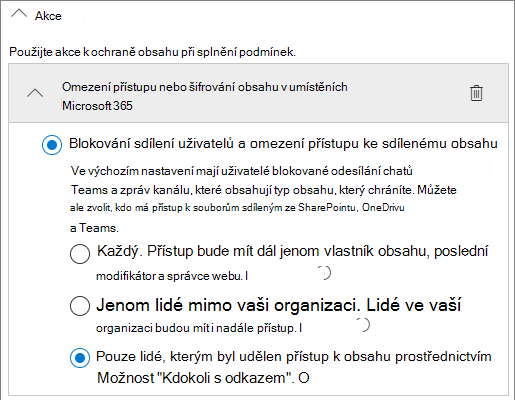 Snímek obrazovky s možnostmi akcí pravidla ochrany před únikem informací