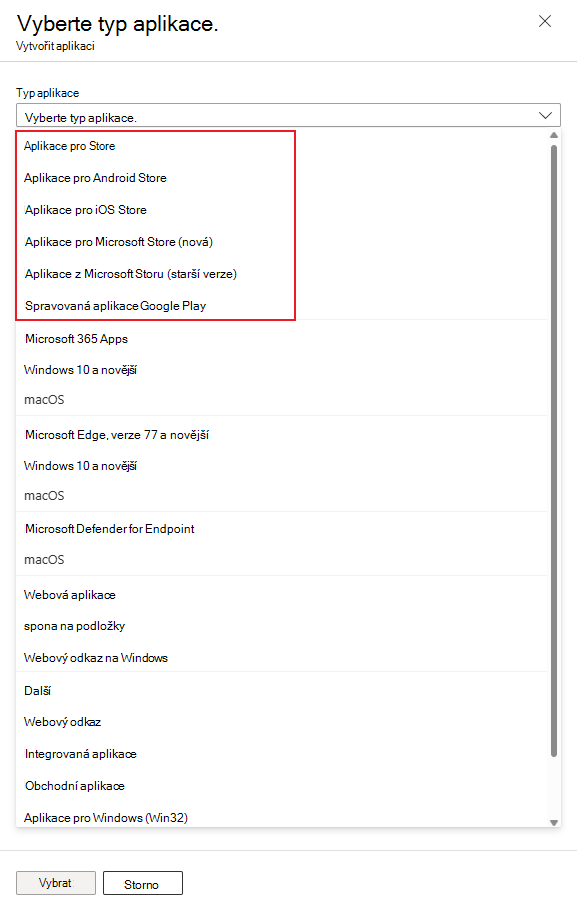 typy aplikací Intune