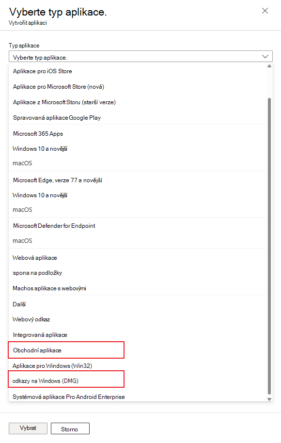 typy aplikací Intune