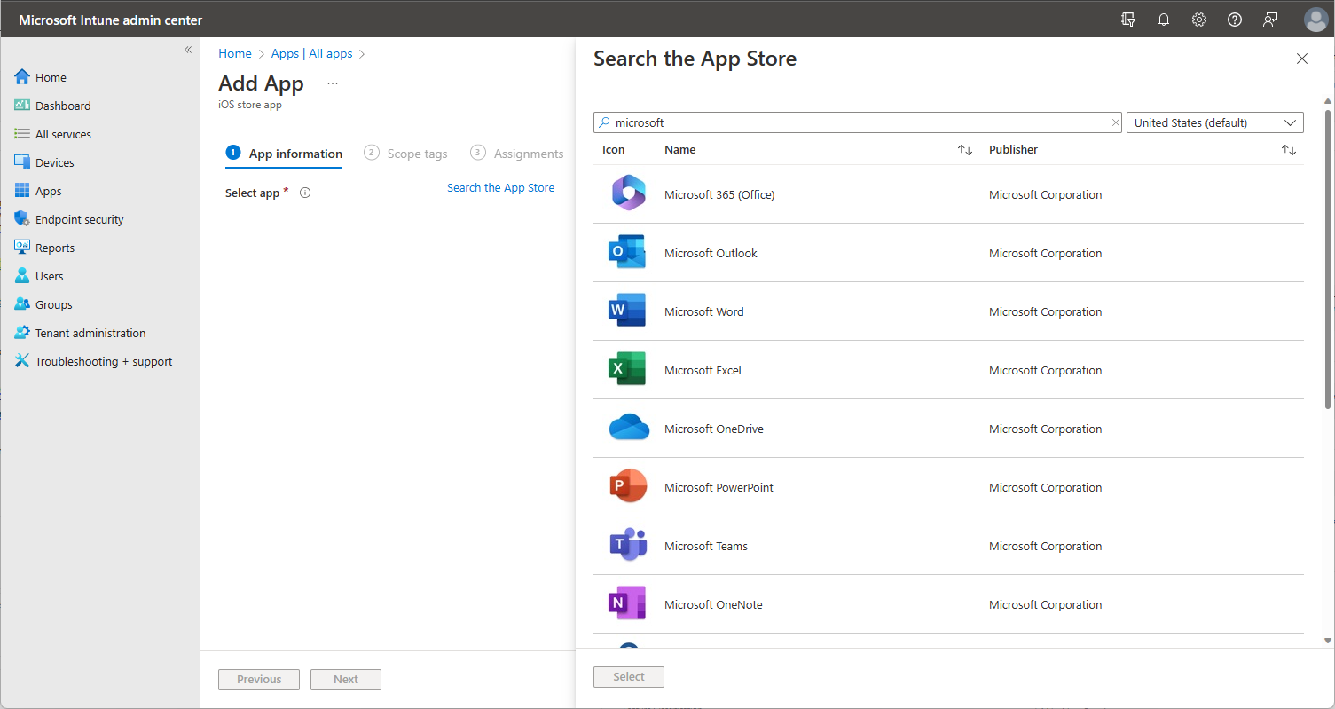 Aplikace pro iOS Store ve Microsoft Intune.