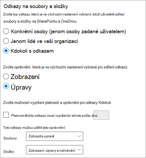 Snímek obrazovky s nastavením sdílení souborů a složek na úrovni organizace v SharePointu