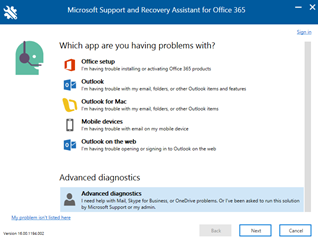 Snímek obrazovky se stránkou podpora Microsoftu a nástroje Recovery Assistant