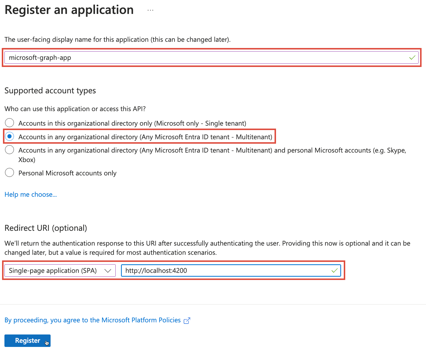 Registrační formulář aplikace Microsoft Entra ID