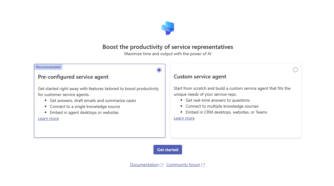 Snímek obrazovky, který ukazuje možnosti spuštění Copilot pro Service.