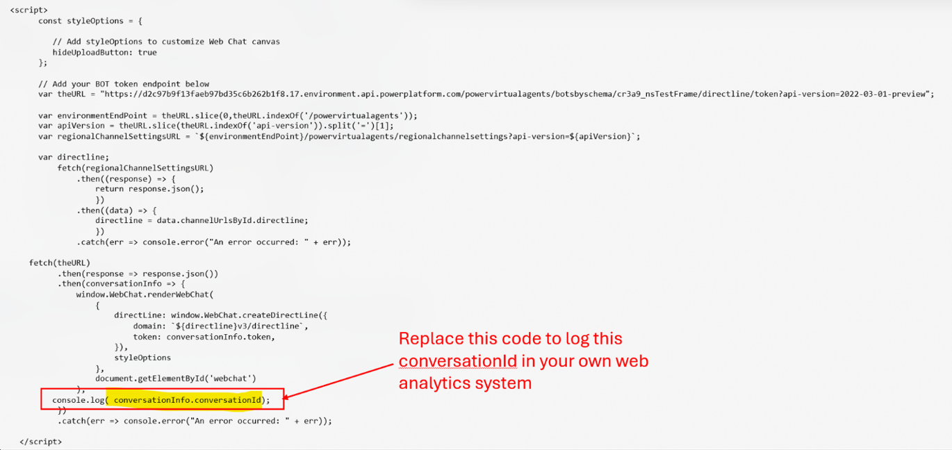 Screenshot kódu JavaScript se zvýrazněným parametrem console.log odkazujícím na conversionInfo.conversationId.