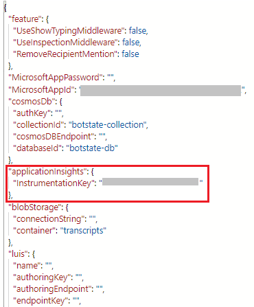 Snímek obrazovky klíče applicationInsight v JSON projektu.