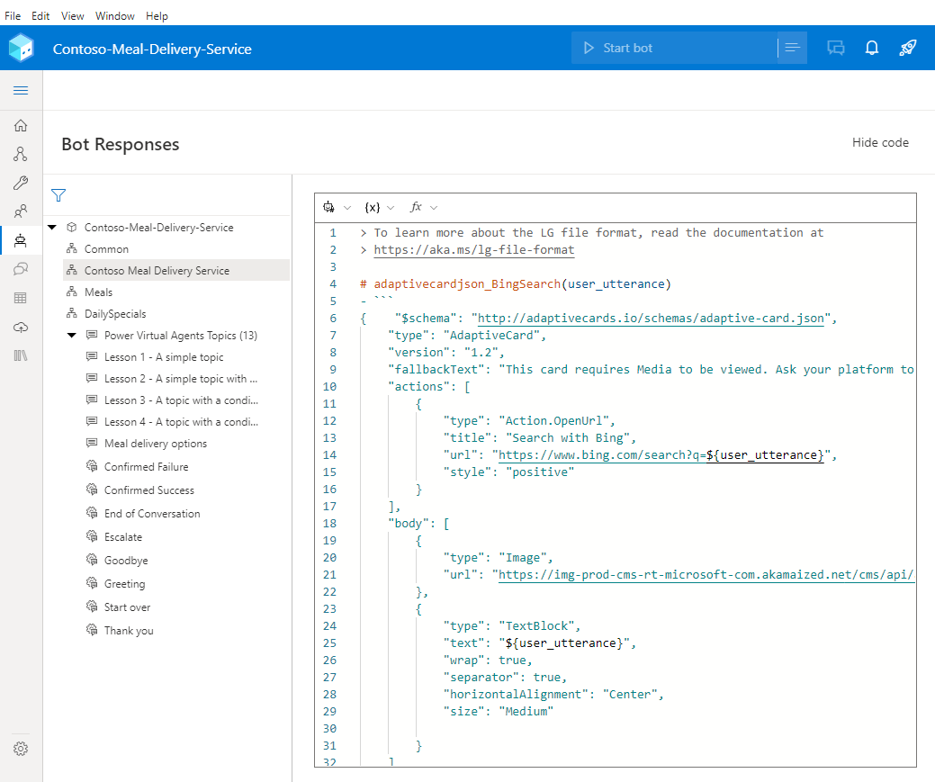 Snímek obrazovky JSON adaptivní karty přidaný do odpovědí robota.