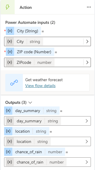 Snímek obrazovky uzlu Akce zobrazující vstupní a výstupní parametry toku 