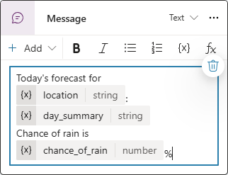 Snímek obrazovky uzlu Message se zprávou, která používá výstupní parametry z toku.