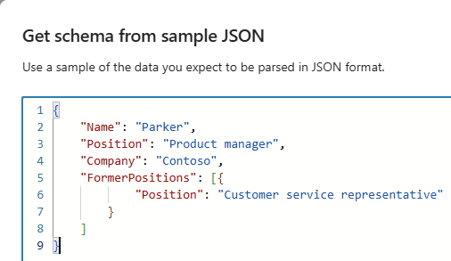 Snímek obrazovky zobrazující získání schématu z ukázkového formátu JSON.