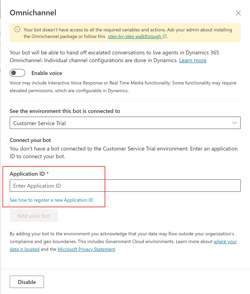 Podokno konfigurace Dynamics 365 se zvýrazněnou sekcí ID aplikace.