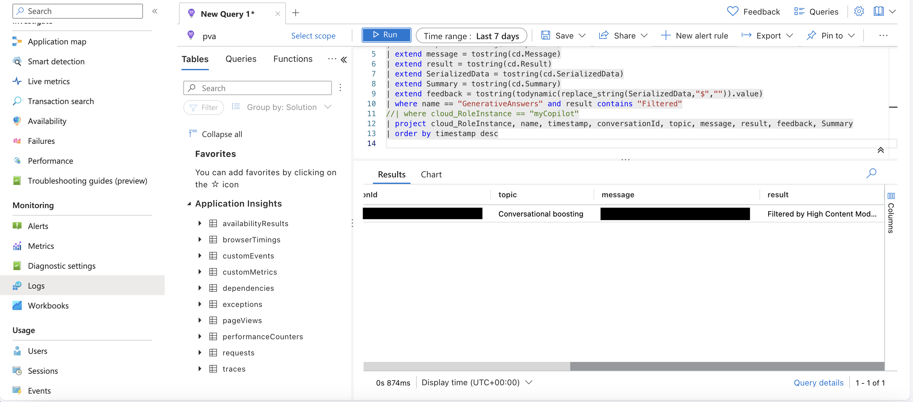 Snímek obrazovky Azure Application Insights.