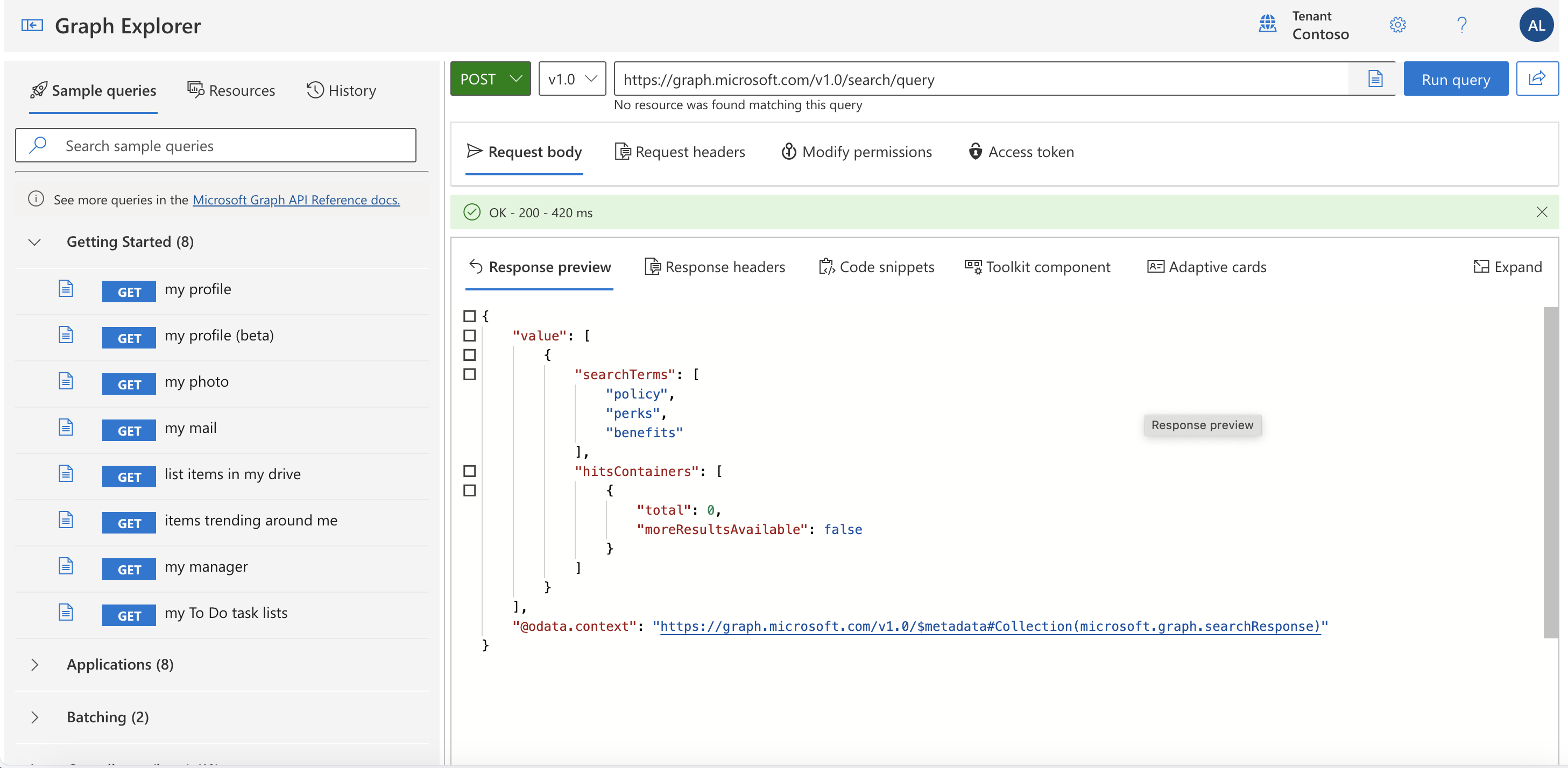 Screenshot ukazující nevrácení výsledků vyhledávání v nástroji Graph Explorer.