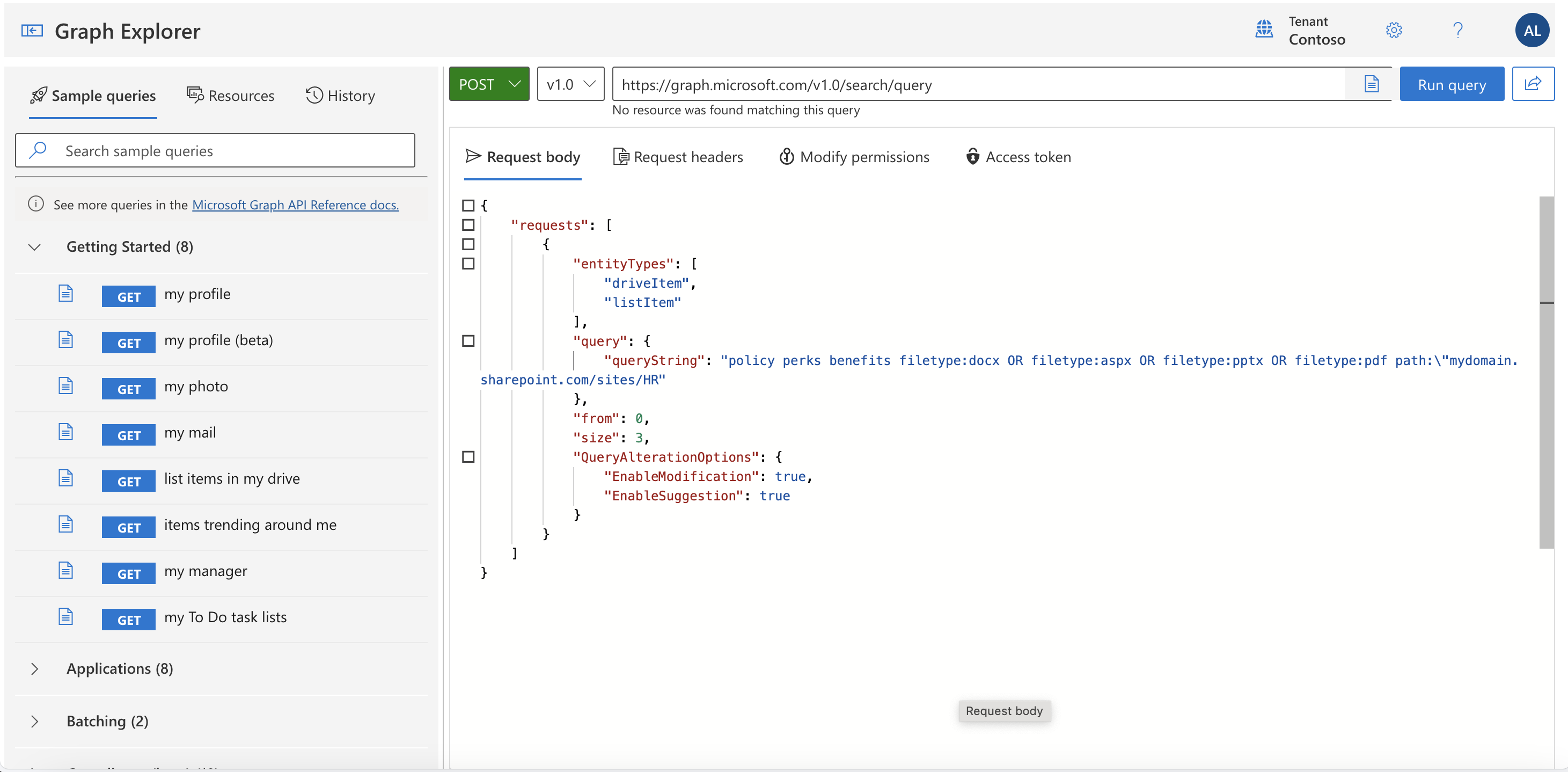 Screenshot vyhledávacího dotazu v nástroji Graph Explorer.