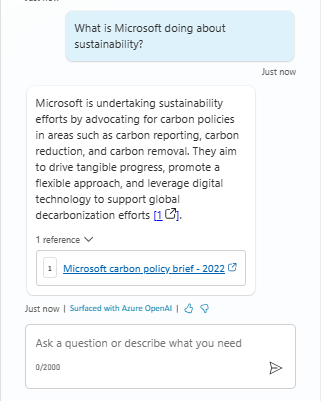 Snímek obrazovky znázorňující test dotazu agent, co Microsoft dělá v oblasti udržitelnosti v Sustainability Insights.