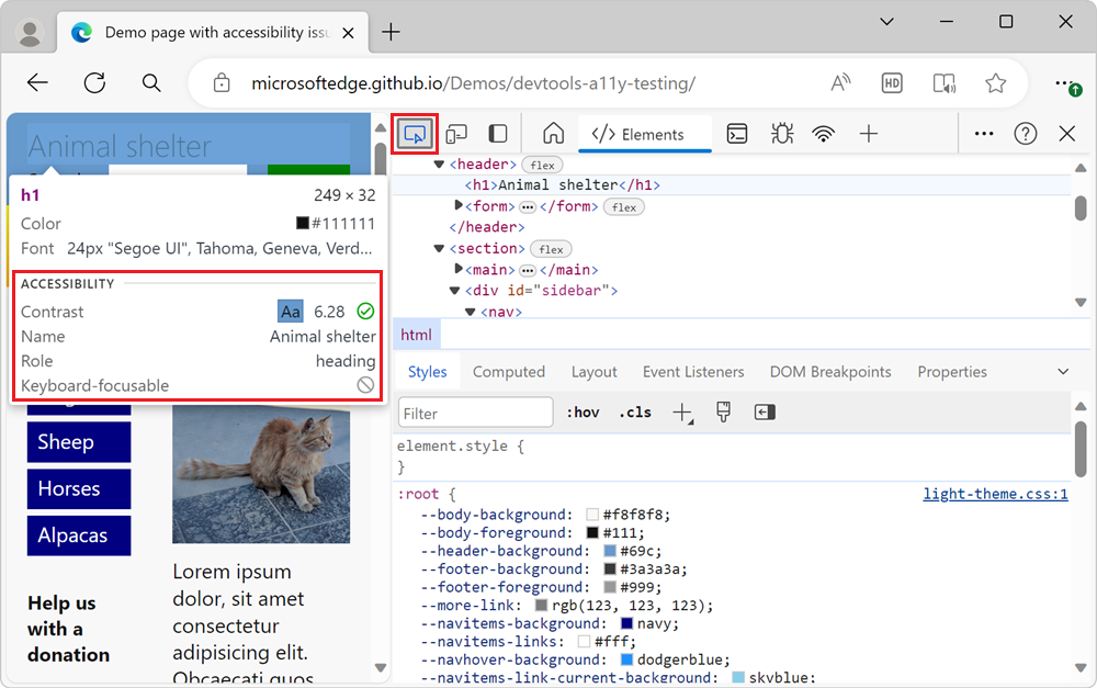 The Inspect tool, showing the element's area as a multicolor overlay, and showing the element's details as a large information overlay