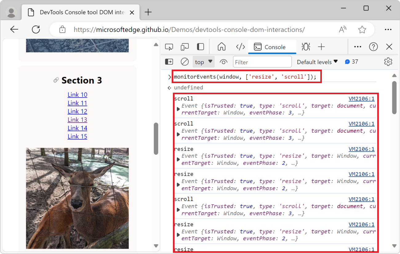 The Console tool, showing the list of resize and scroll events