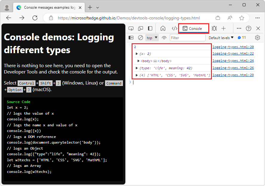 Log variables of different types in the console