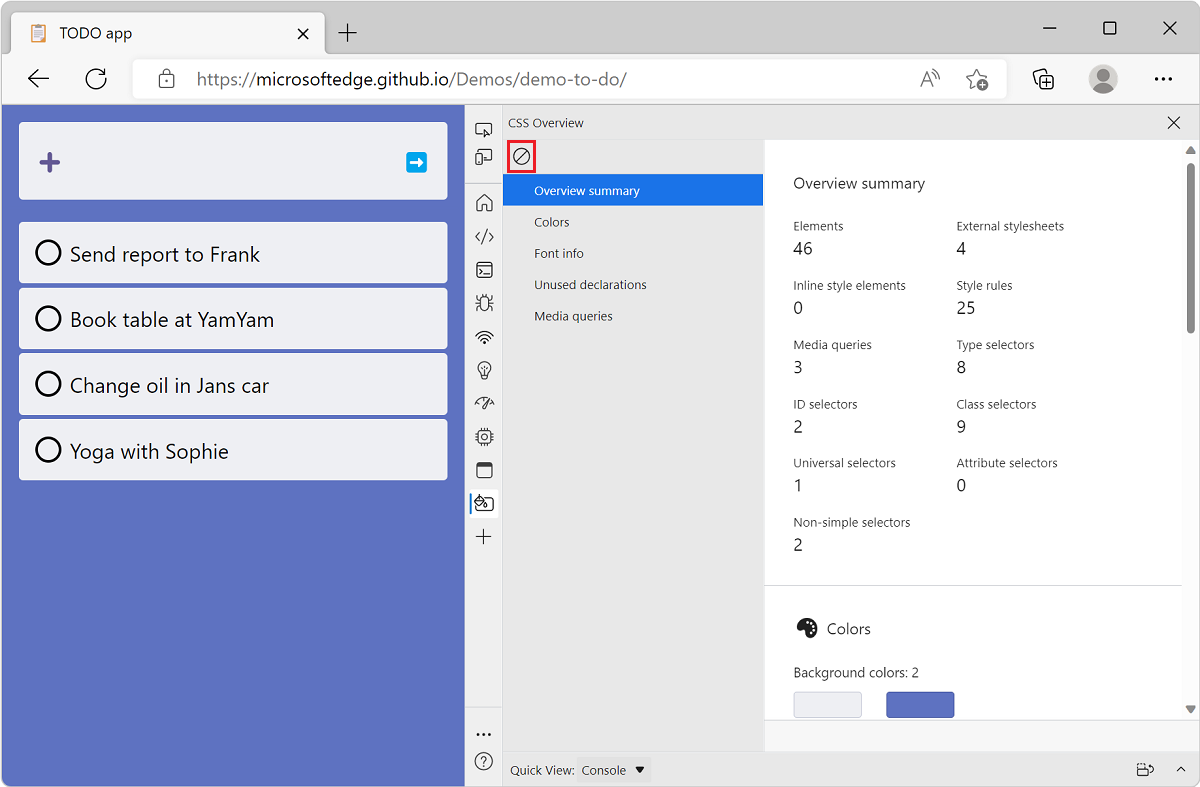 Microsoft Edge, with the TODO list demo app, and DevTools next to it, showing a CSS Overview report with the Clear overview button at the top