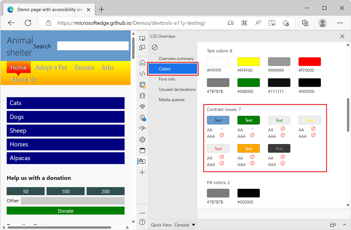 Microsoft Edge, with the TODO list demo app and DevTools, showing a list of contrast issues in the CSS Overview report