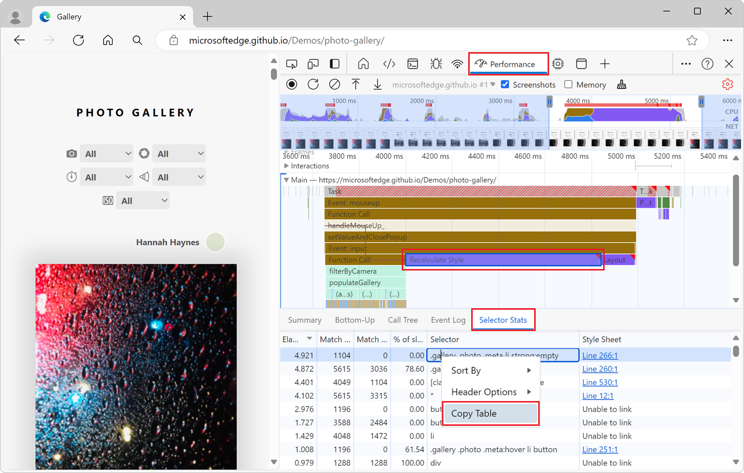 The Copy Table menu item in the Selector Stats table