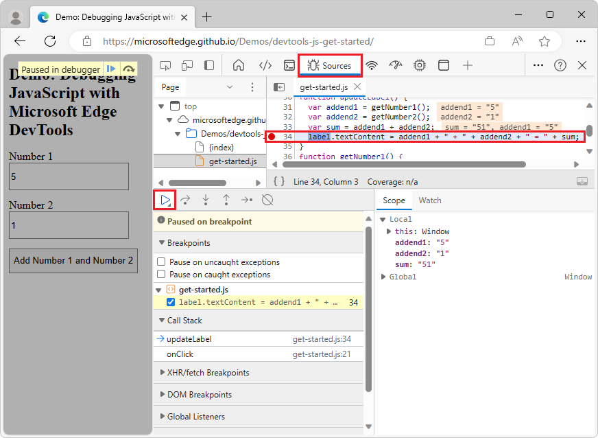 DevTools pauses on the line-of-code breakpoint on line 34