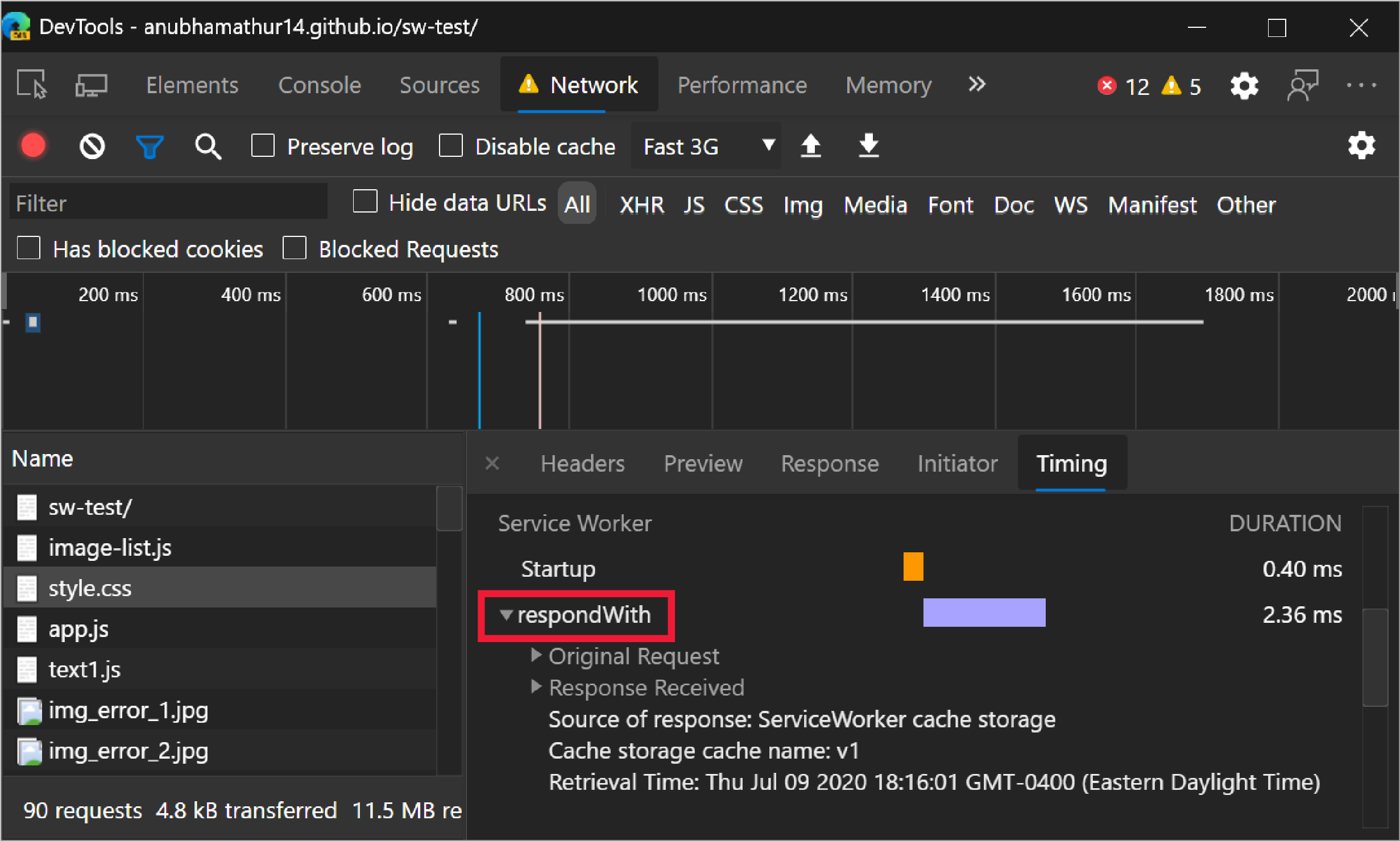 The respondWith service worker event in the Timing tab of the Network panel
