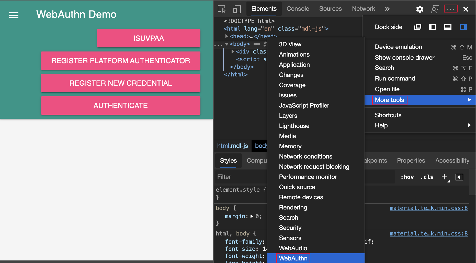 Opening the WebAuthn tool