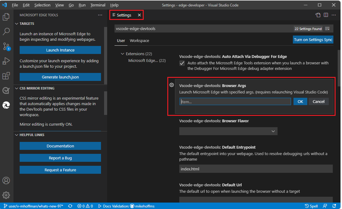 Extension settings to specify launch arguments for Microsoft Edge