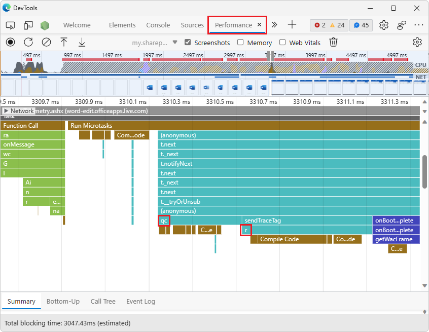 The unminified call stack from a profile recorded in the Performance tool still showing minified names