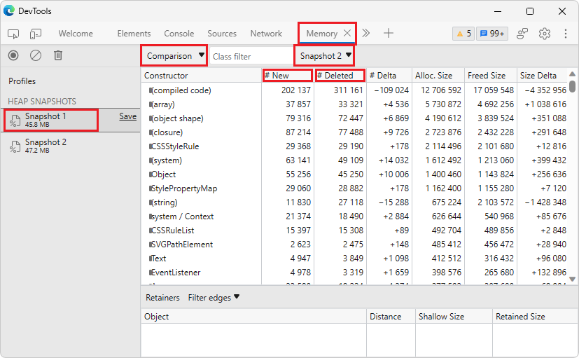 Comparing two heap snapshots in Microsoft Edge 114