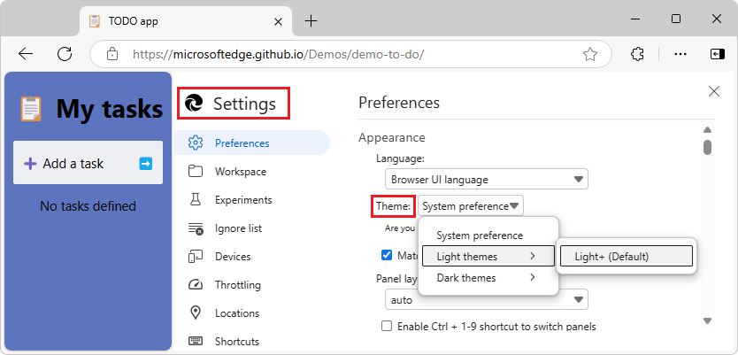 The Theme menu in DevTools Preferences