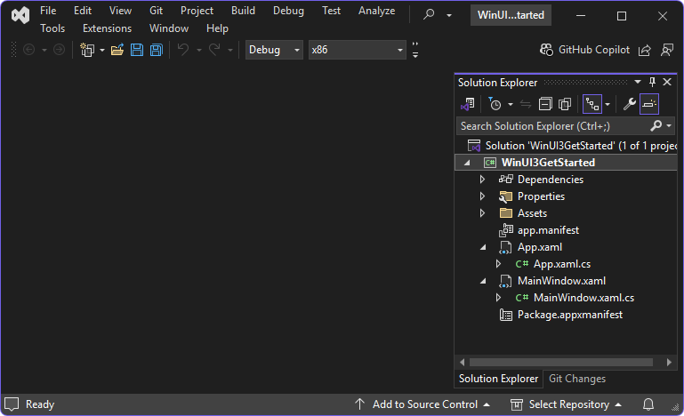 The new WinUI 3 project in Solution Explorer