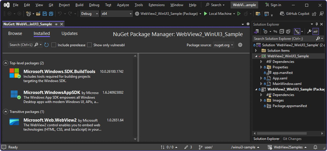 NuGet Package Manager showing the installed, updated packages