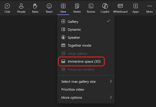 Screenshot of immersive spaces view selector in Teams View menu.