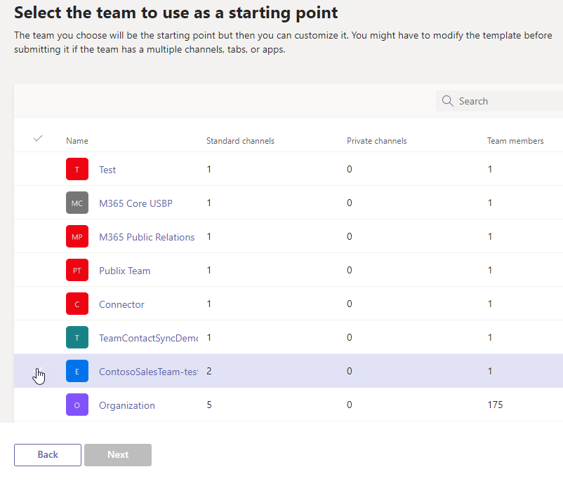 An image of the list of teams with one team highlighted.