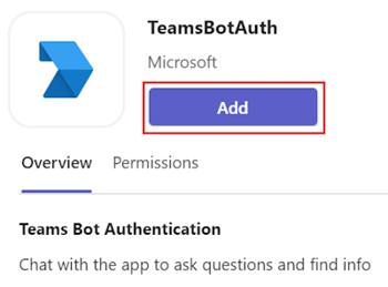 Screenshot of TeamsBotAuth app installation with the Add option highlighted.